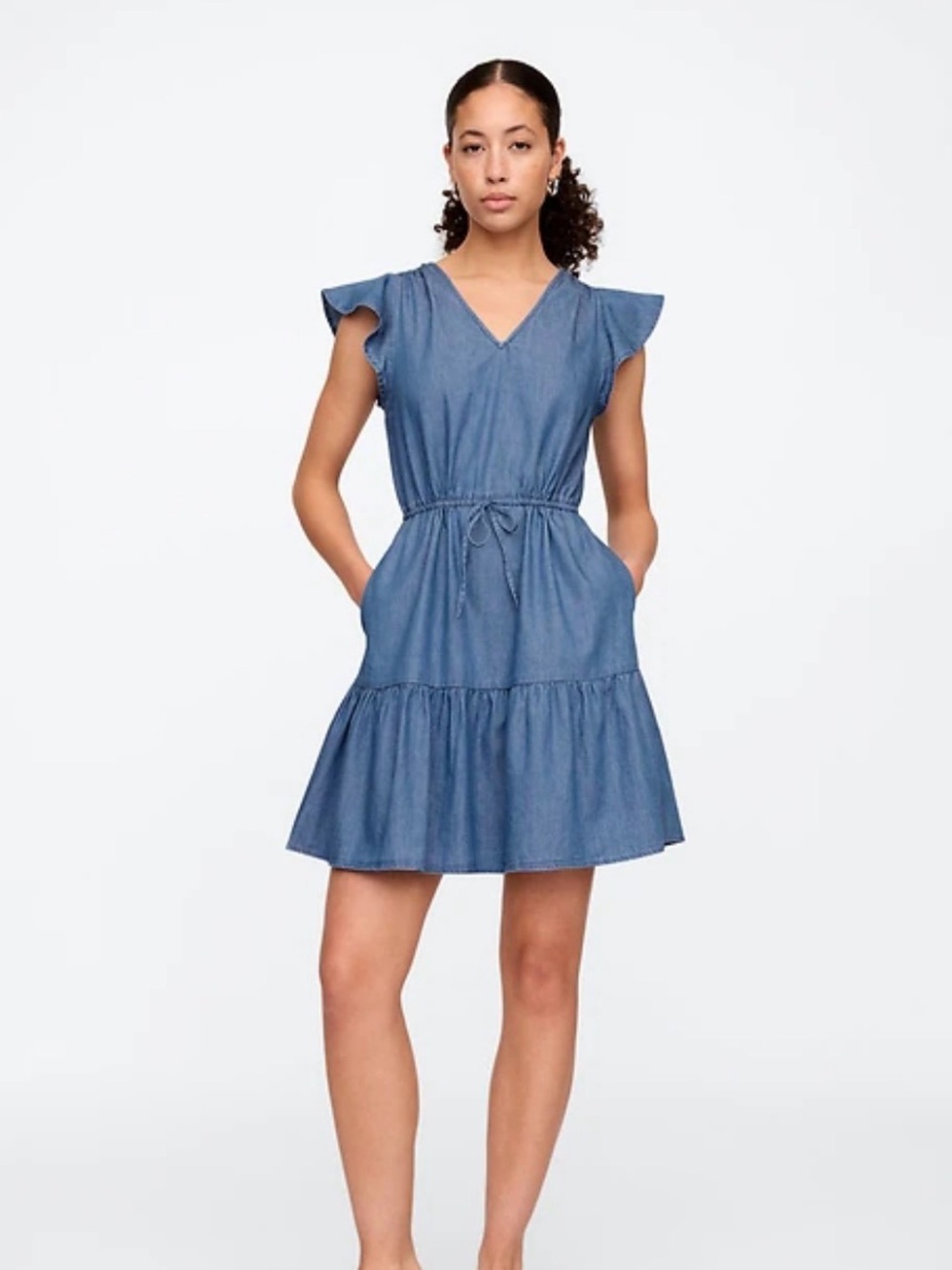 GAP Denim Flutter Sleeve Tie Waist Mini Dress
